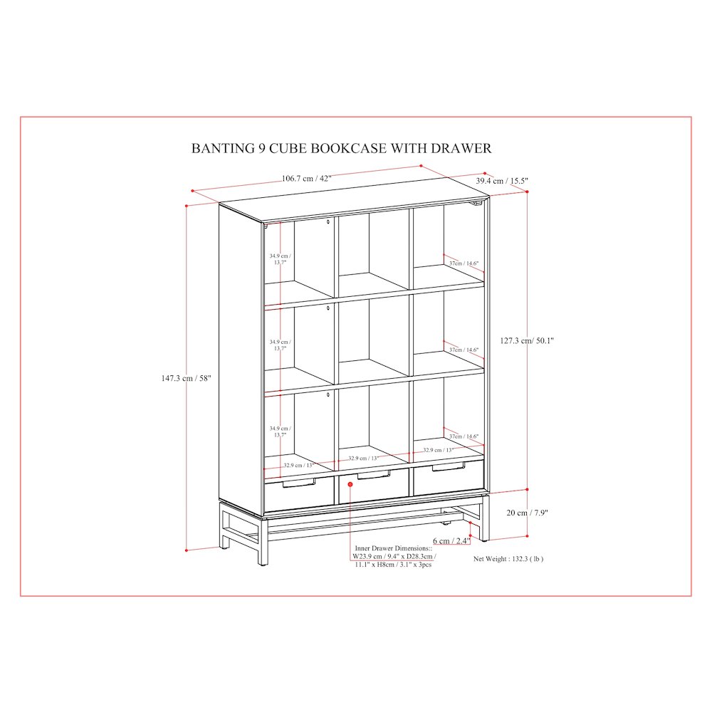 Banting Solid Hardwood 9 Cube Bookcase With Drawers In Walnut Brown. Picture 5