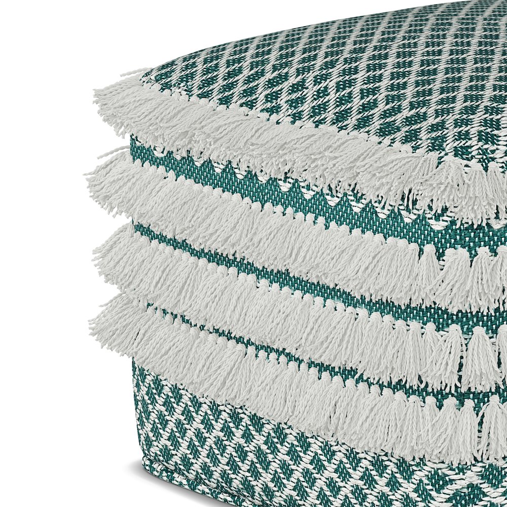 Leah Square Woven Outdoor Pouf in Turquoise and White Recycled PET Polyester. Picture 5