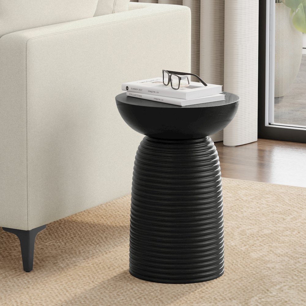 Boyd 13 inch Wide Solid Mango Contemporary Ribbed Accent Table in Black. Picture 2