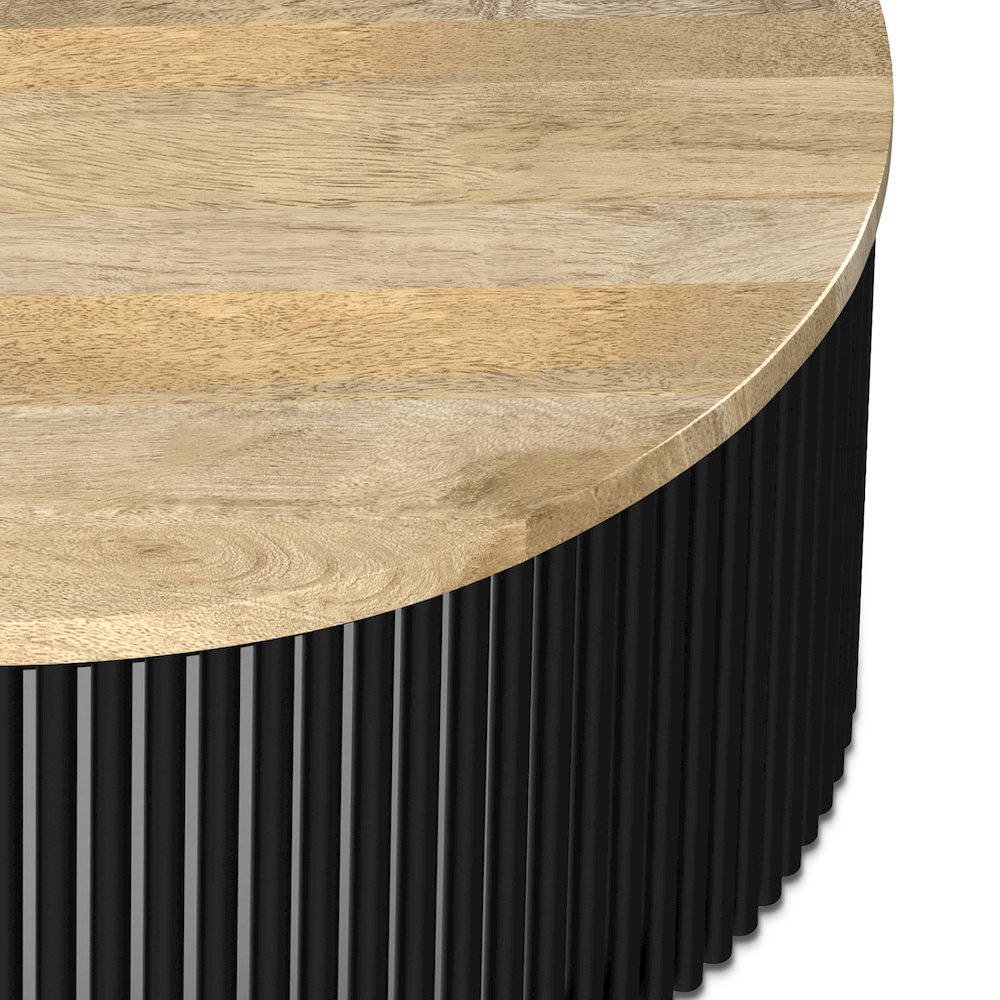 35 Inch Wide Round Industrial Contemporary Coffee Table In Natural, Black. Picture 5