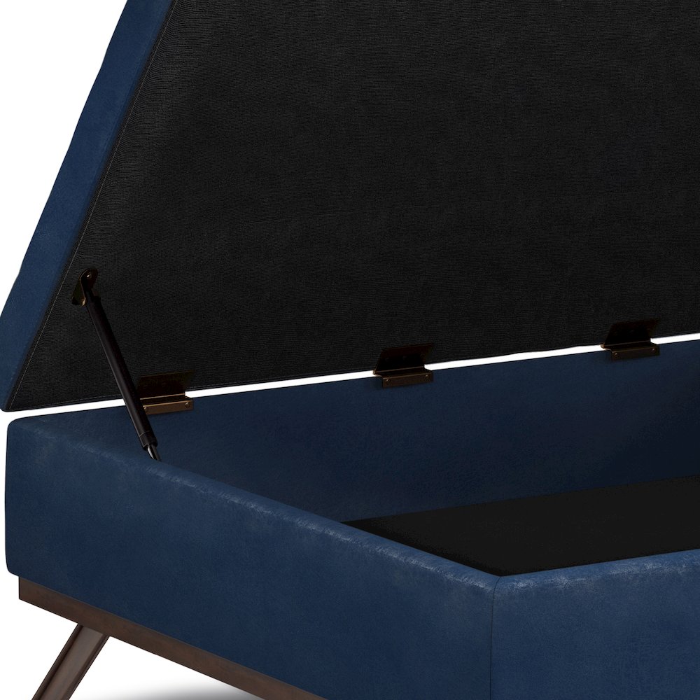 Coffee Table Storage Ottoman In Distressed Dark Blue Vegan Faux Leather. Picture 3
