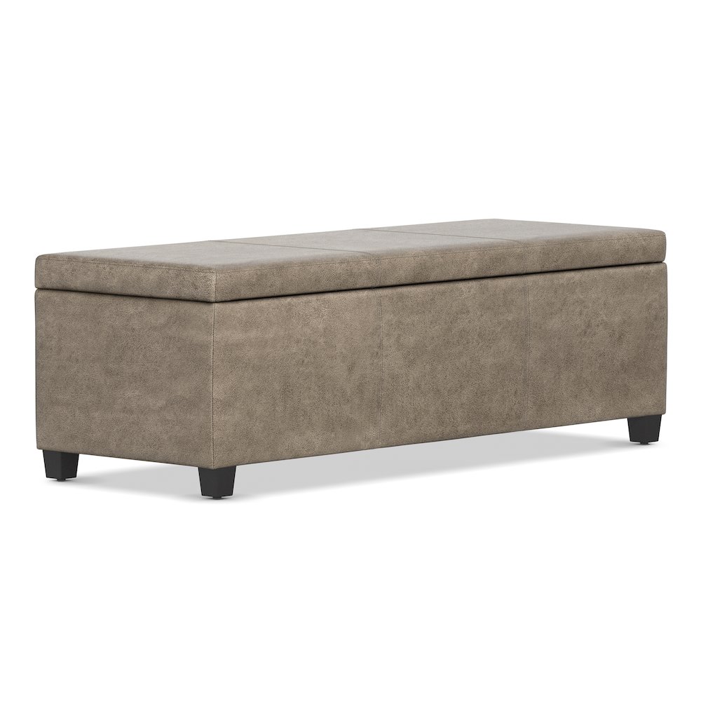 48 inch Wide Storage Ottoman Bench in Distressed Smoky Grey Brown Vegan Leather. Picture 2
