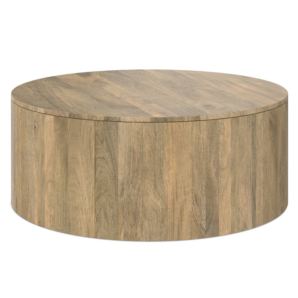 Solid Mango Wood 36 Inch Wide Round Contemporary Drum Coffee Table In Briarsmoke. Picture 2