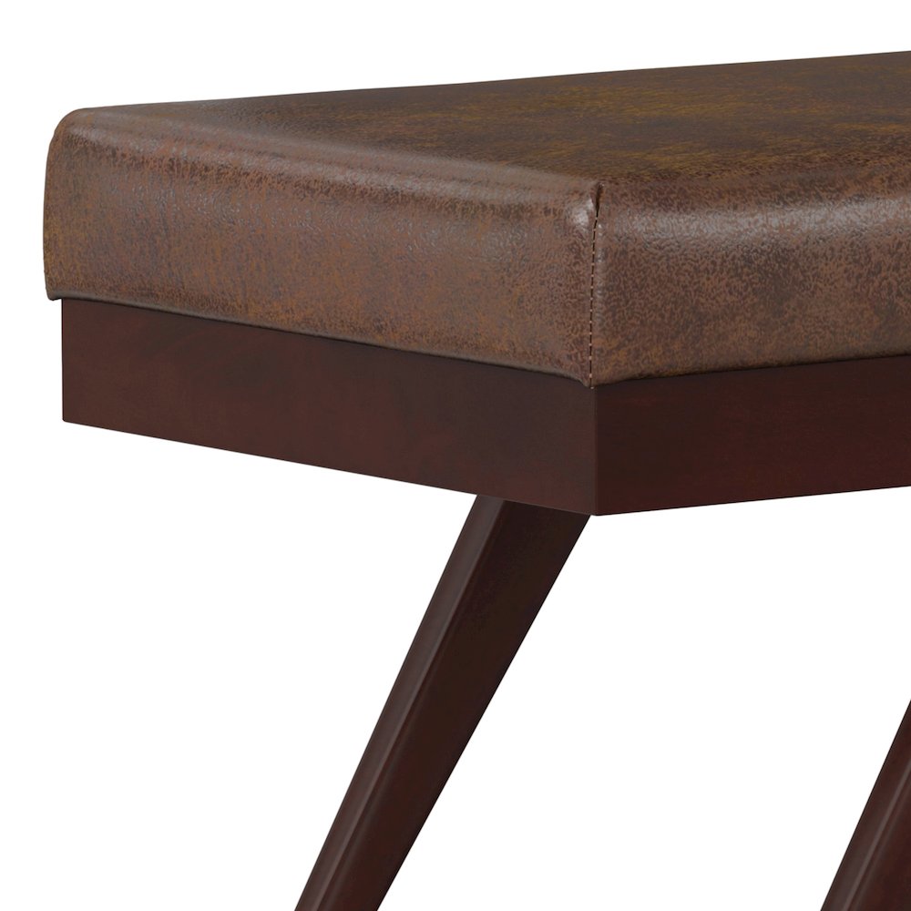 Chanelle SOLID HARDWOOD Mid Century Ottoman Bench in Distressed Chestnut Brown. Picture 6