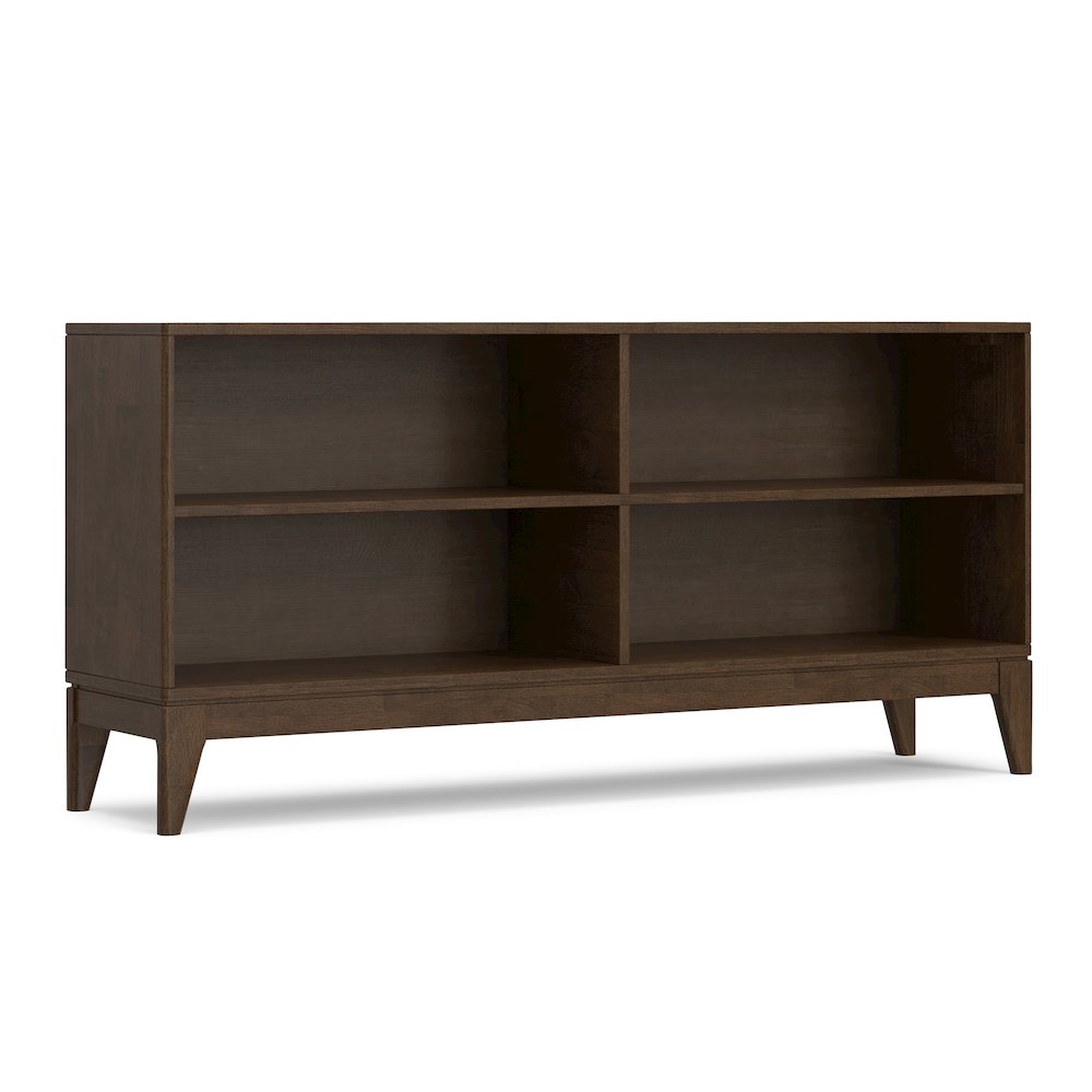 30 inch x 64 inch Solid Wood Mid Century 4-Shelf Low Bookcase in Walnut Brown. Picture 1