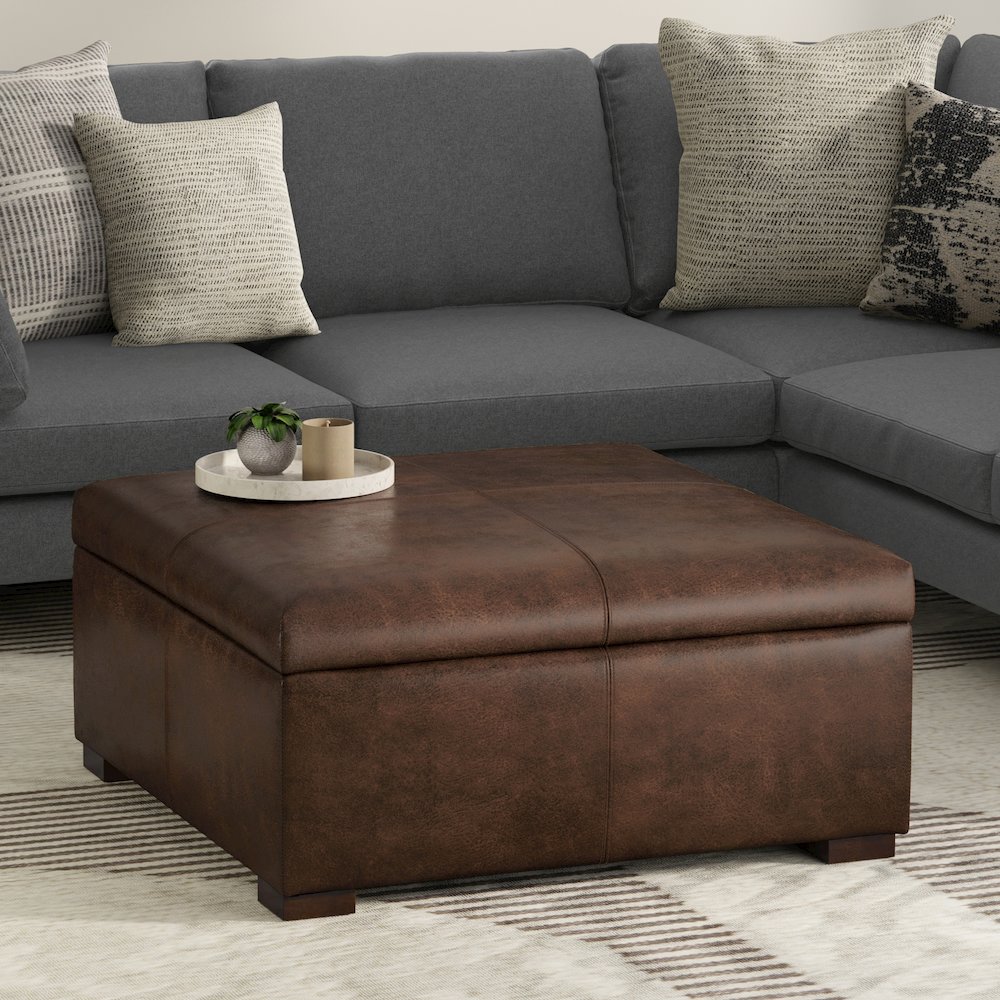Square Square Coffee Table Storage Ottoman In Distressed Chestnut Brown. Picture 7