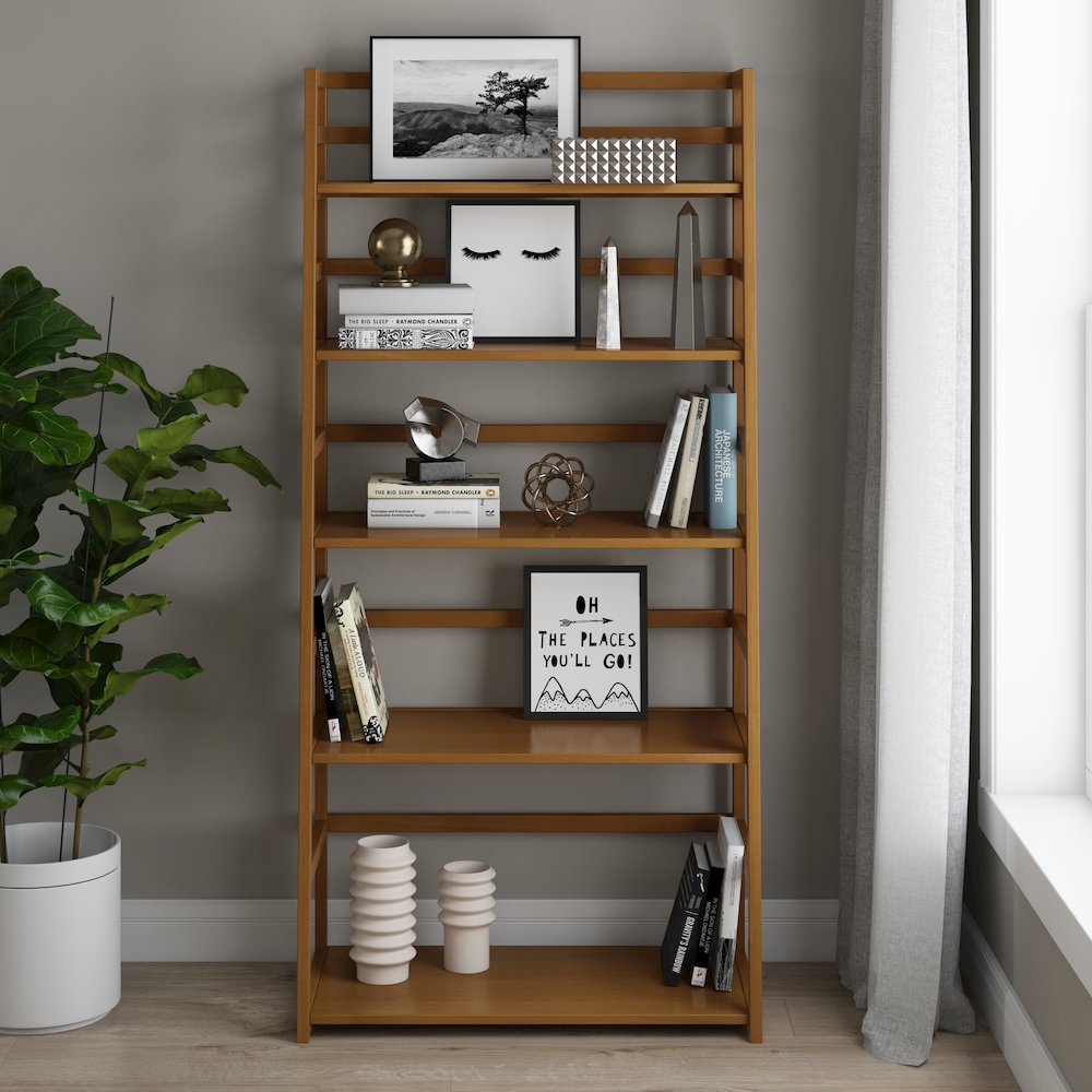 Acadian Solid Wood Ladder Shelf Bookcase In Light Golden Brown. Picture 5