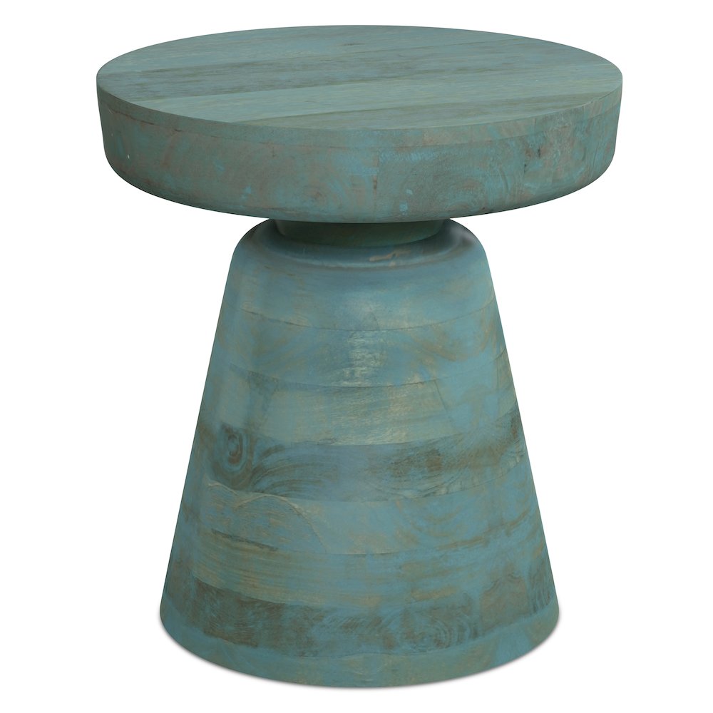 16 inch Wide Round Boho Contemporary Rustic Accent Table in Teal Wash. Picture 1