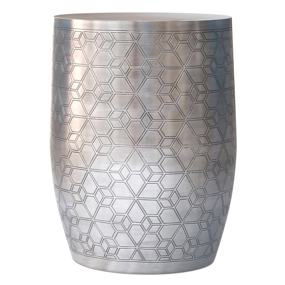 15"W Boho Geometric Pattern Metal Accent Table in Antique Silver Iron, Assembled. Picture 2