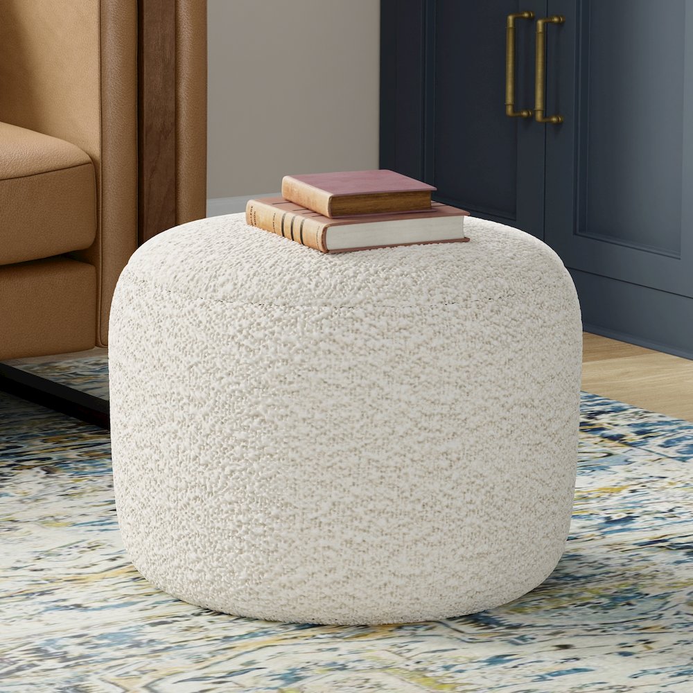 Chantal 18 inch Wide Contemporary Pouf in White Boucle Fabric. Picture 6