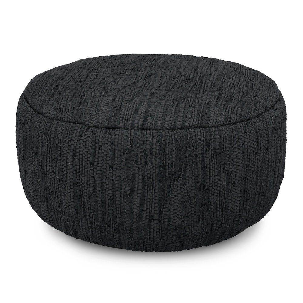 Fredrik 30 inch Wide Boho Pouf in Black Genuine Woven Leather, Assembled. Picture 1