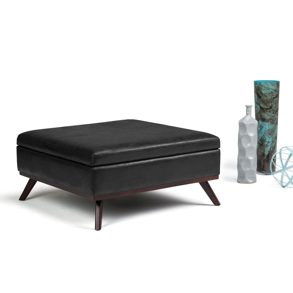 Owen Square Coffee Table Storage Ottoman In Distressed Black Vegan Faux Leather. Picture 5