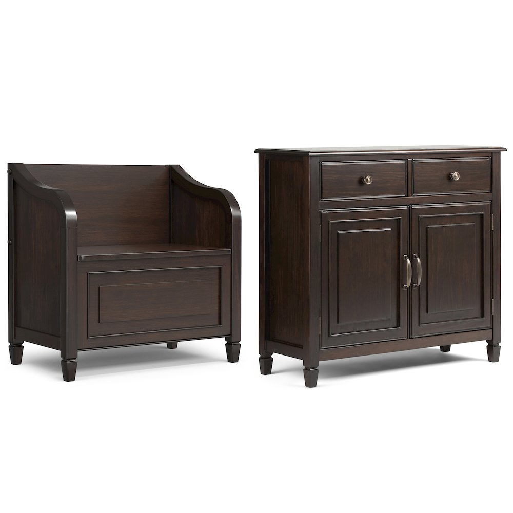 30"W Small Storage Bench and 40"W Storage Cabinet in Dark Chestnut Brown. Picture 1