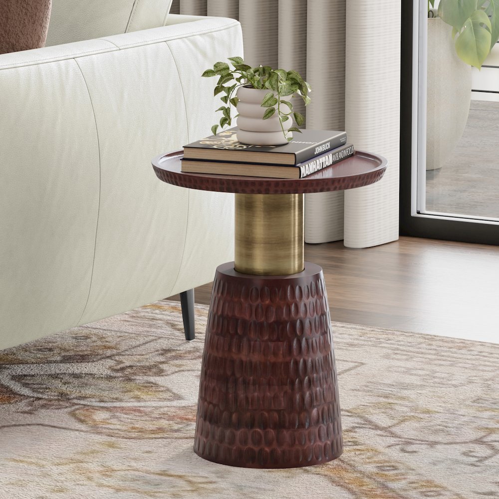 16 inch Wide Solid Mango/Metal Contemporary End Table in Walnut Brown/Gold. Picture 6