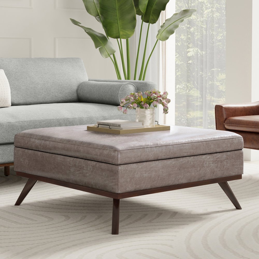 Coffee Table Storage Ottoman In Distressed Grey Taupe Vegan Faux Leather. Picture 5