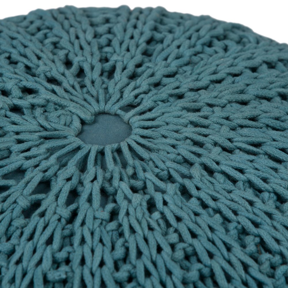 Shelby Hand Knit Round Pouf In Teal Cotton. Picture 2