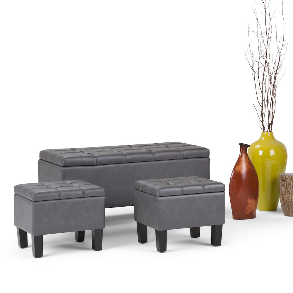 Dover 3 Piece Storage Ottoman In Stone Grey Vegan Faux Leather. Picture 5