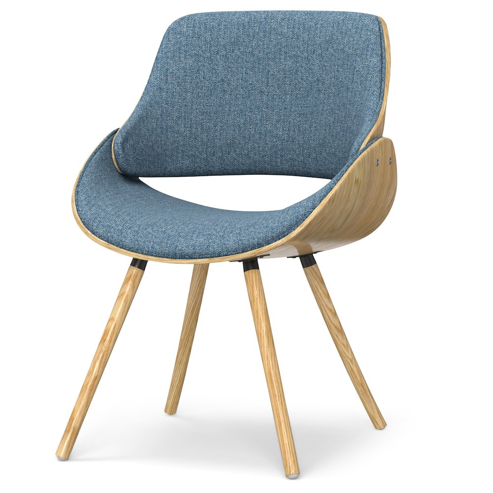 Bentwood Dining Chair With Wood Back In Light Wood In Denim Blue Linen Fabric. Picture 1