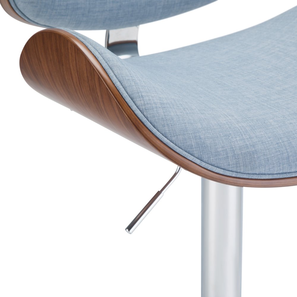 Marana Bentwood Adjustable Swivel Bar Stool In Denim Blue Linen Look Fabric. Picture 3