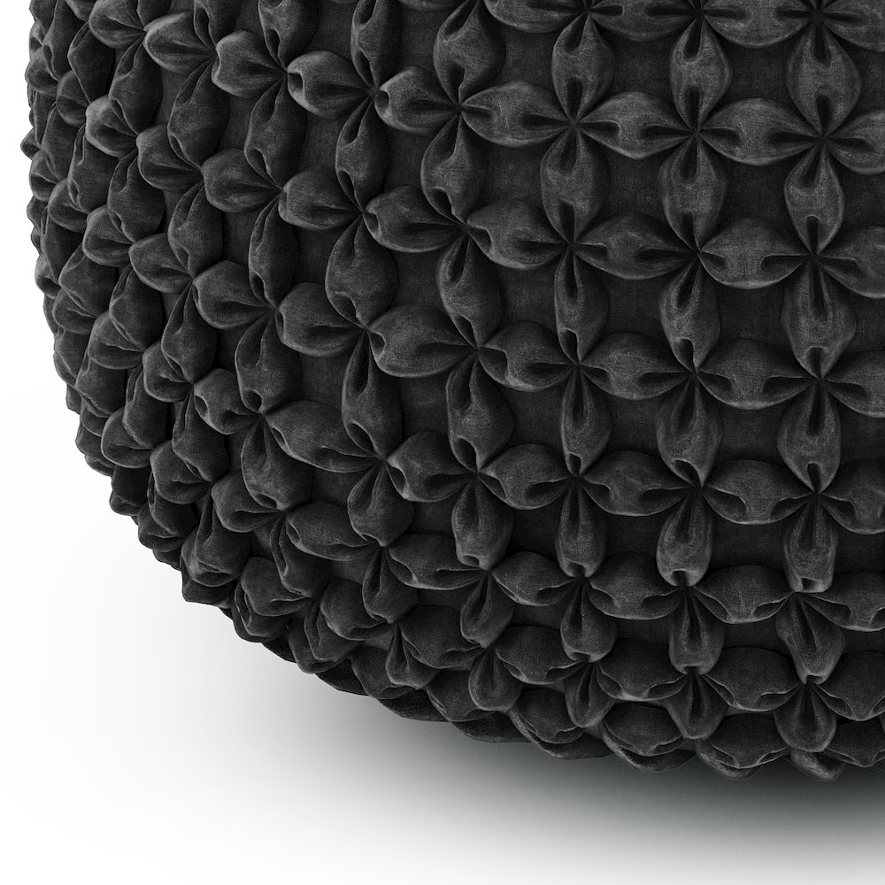 Renee Round Pouf In Slate Grey Velvet Fabric. Picture 3