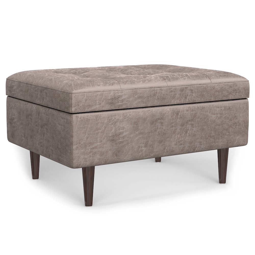 Small Coffee Table Storage Ottoman In Distressed Grey Taupe Vegan Faux Leather. Picture 1