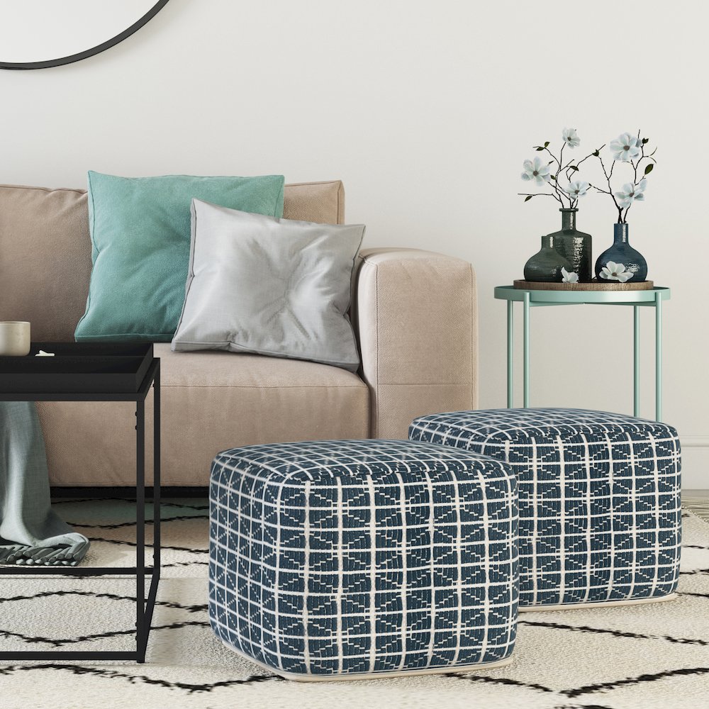 Noreen Square Pouf In Dark Blue And White Handloom Woven Pattern. Picture 5