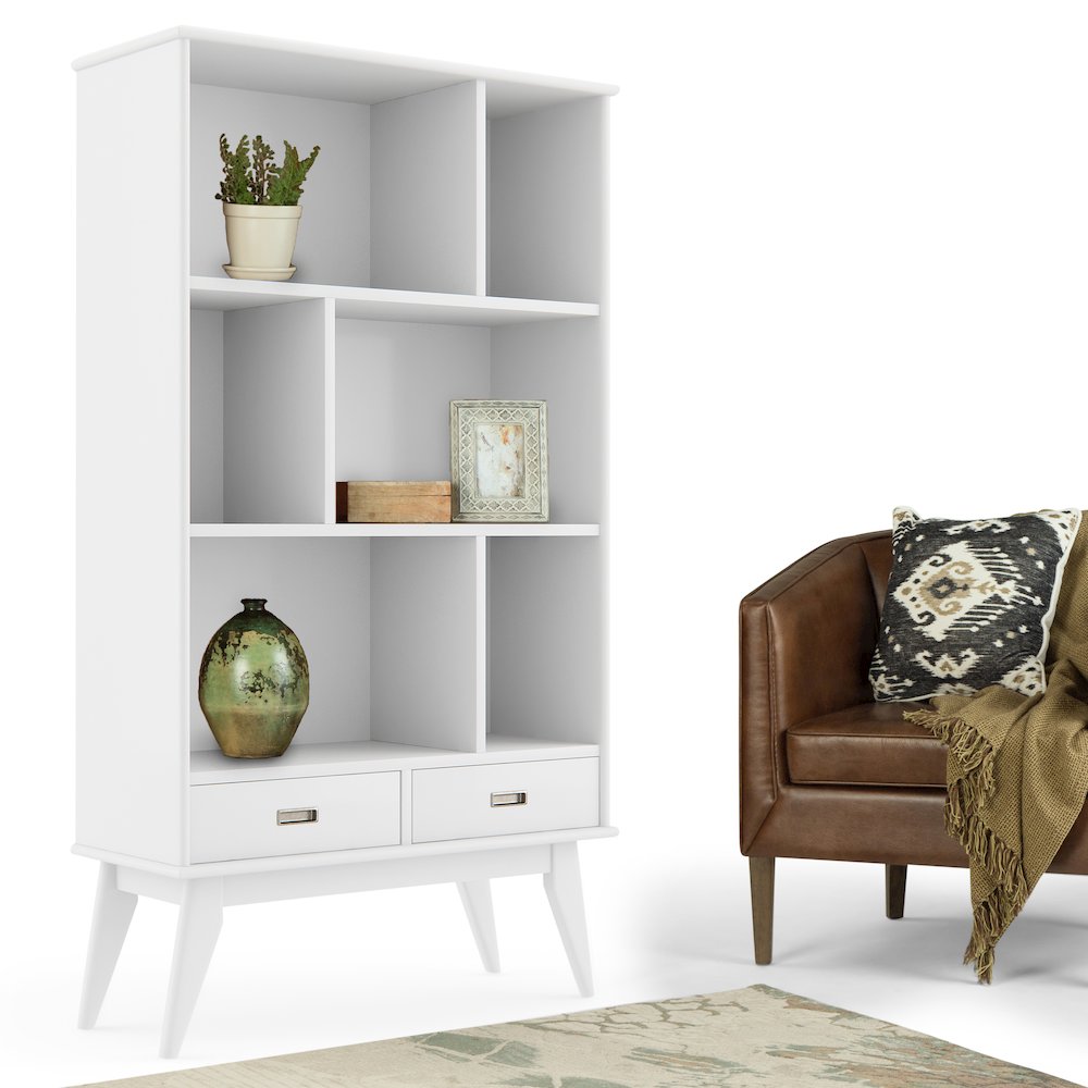 Draper Solid Hardwood Mid Century Wide Bookcase And Storage Unit In White. Picture 5