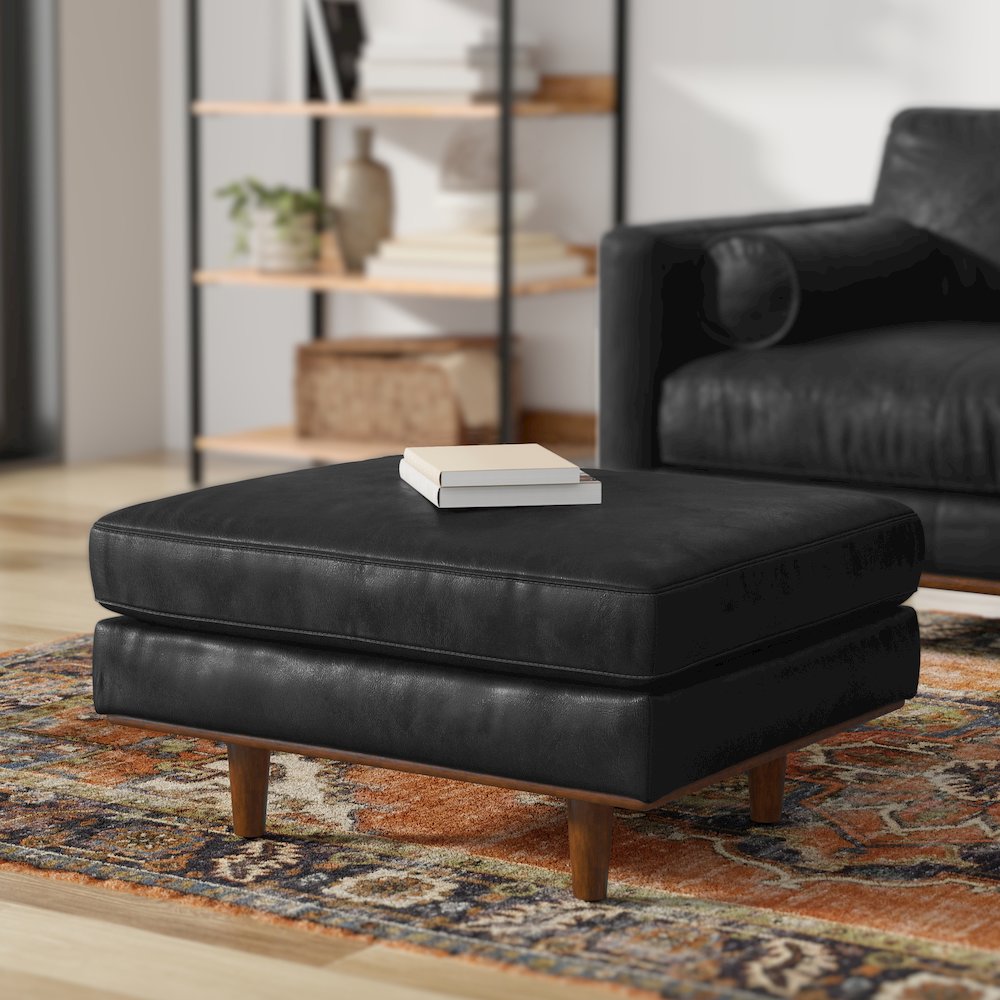 33 Inch Wide Mid-Century Modern Table Ottoman In Lead Black Genuine Leather. Picture 6