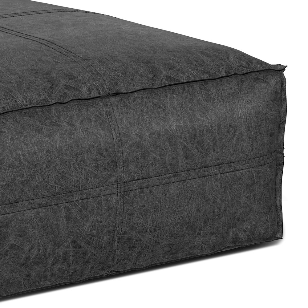 Brody Large Square Coffee Table Pouf In Distressed Black Vegan Faux Leather. Picture 3