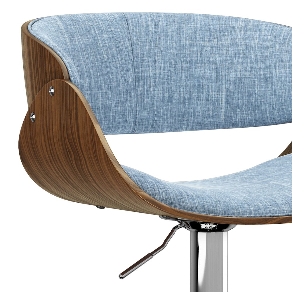 Amery Adjustable Swivel Bar Stool In Denim Blue Linen Look Fabric. Picture 2