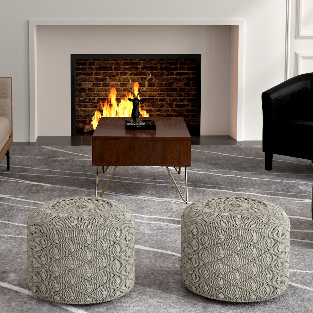 Coates Contemporary Round Macrame Pouf In Cloud Grey Cotton. Picture 6