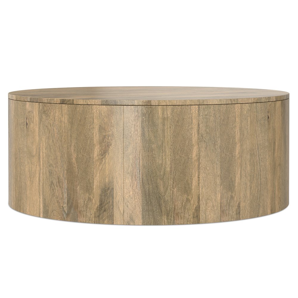 Solid Mango Wood 36 Inch Wide Round Contemporary Drum Coffee Table In Briarsmoke. Picture 1