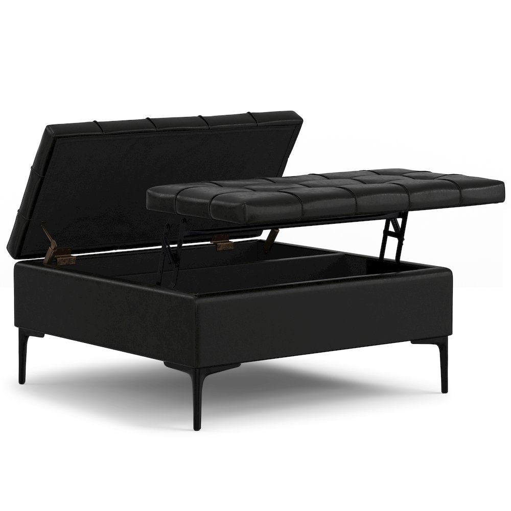 Laura Mid Century Lift Top Storage Ottoman in Midnight Black Vegan Faux Leather. Picture 6