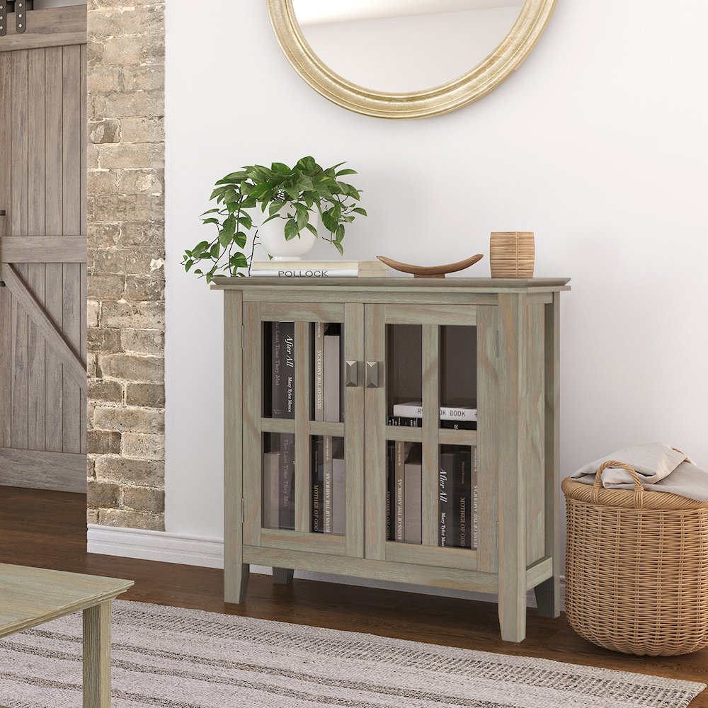 Artisan Solid Wood Low Storage Cabinet In Distressed Grey. Picture 5