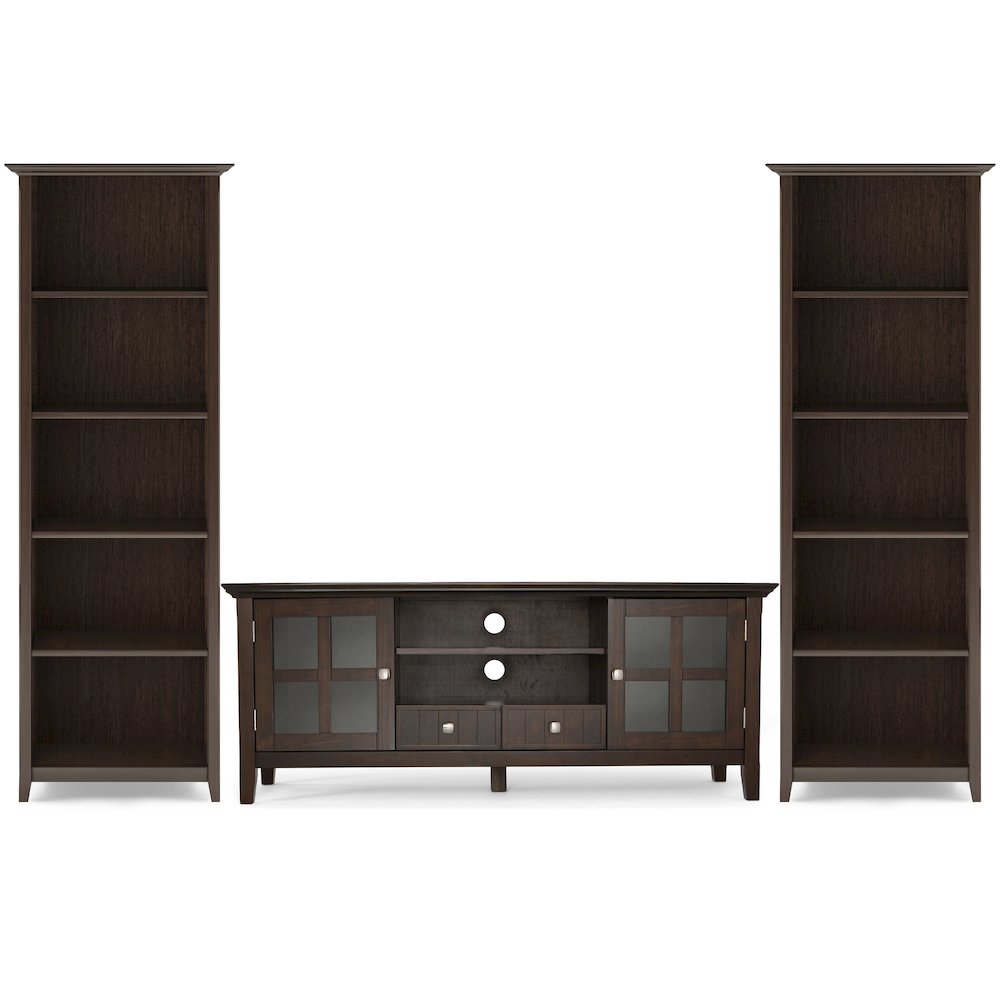 60"W TV Stand with Two 26"W 5 Shelf Bookcases in Brunette Brown (Set of 3). Picture 1