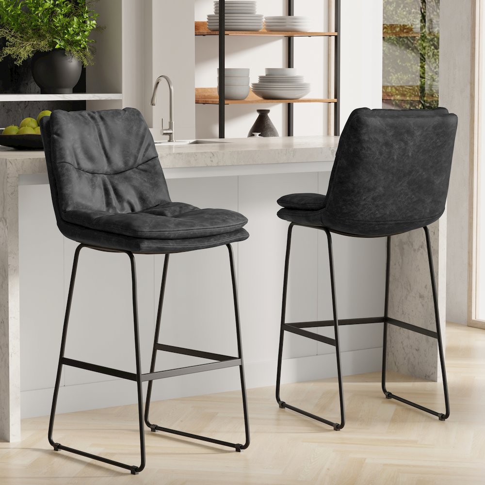 Modern Bar Stool (Set Of 2) In Distressed Charcoal Grey Vegan Faux Leather. Picture 7