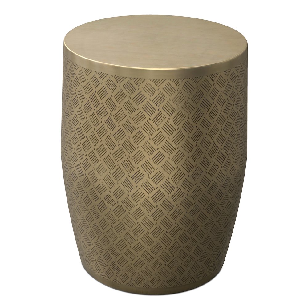 18"W Boho Cross Hatch Pattern Metal Accent Table in Antique Gold Iron, Assembled. Picture 3
