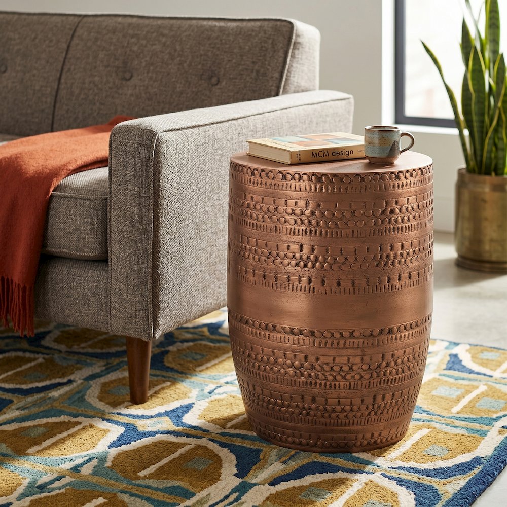 Johnsen Large Metal Accent Table In Antique Copper. Picture 2