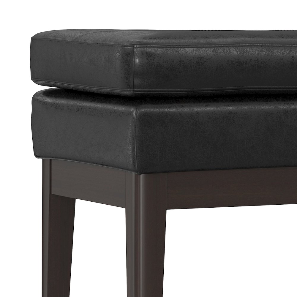 Mid Century Small Ottoman Bench In Distressed Black Vegan Faux Leather. Picture 2