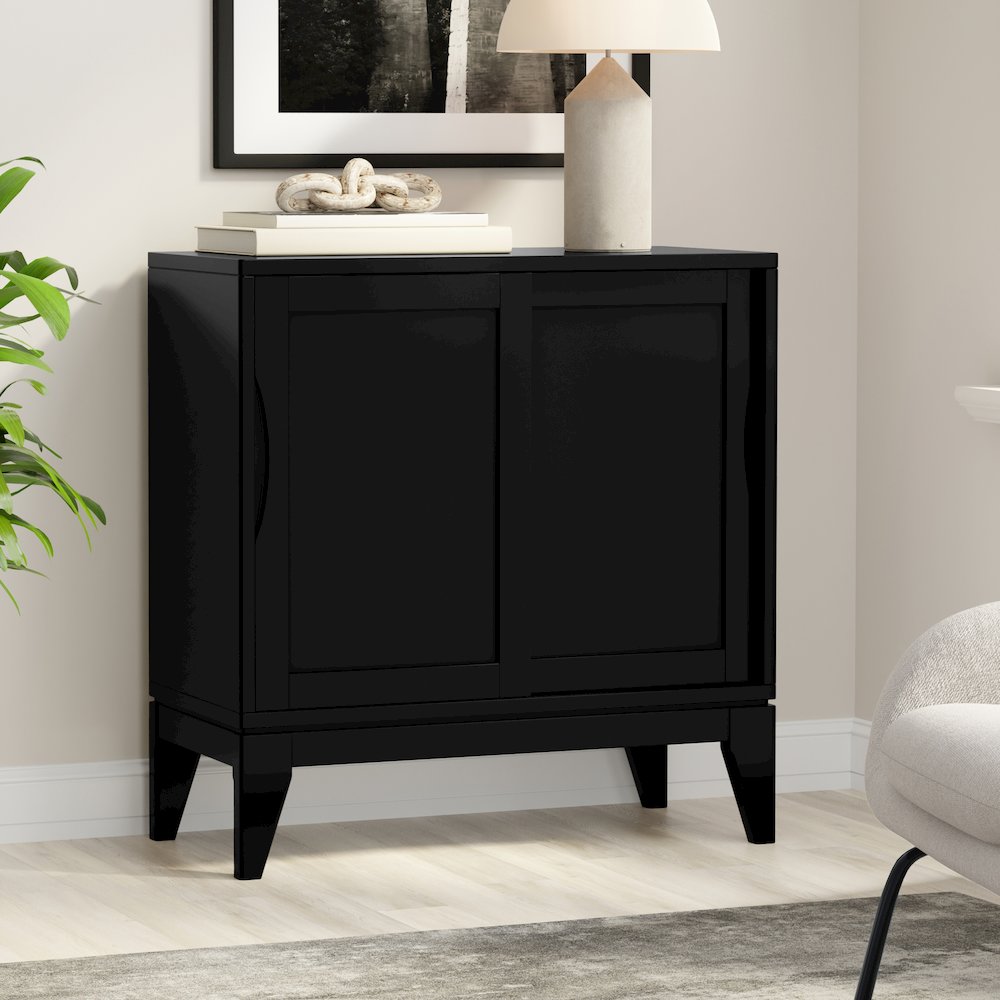 30 inch Wide Solid Hardwood Mid-Century Modern Low Storage Cabinet in Black. Picture 6