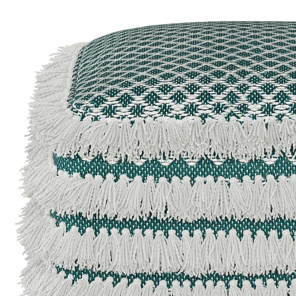 Leah Square Woven Outdoor Pouf in Turquoise and White Recycled PET Polyester. Picture 4