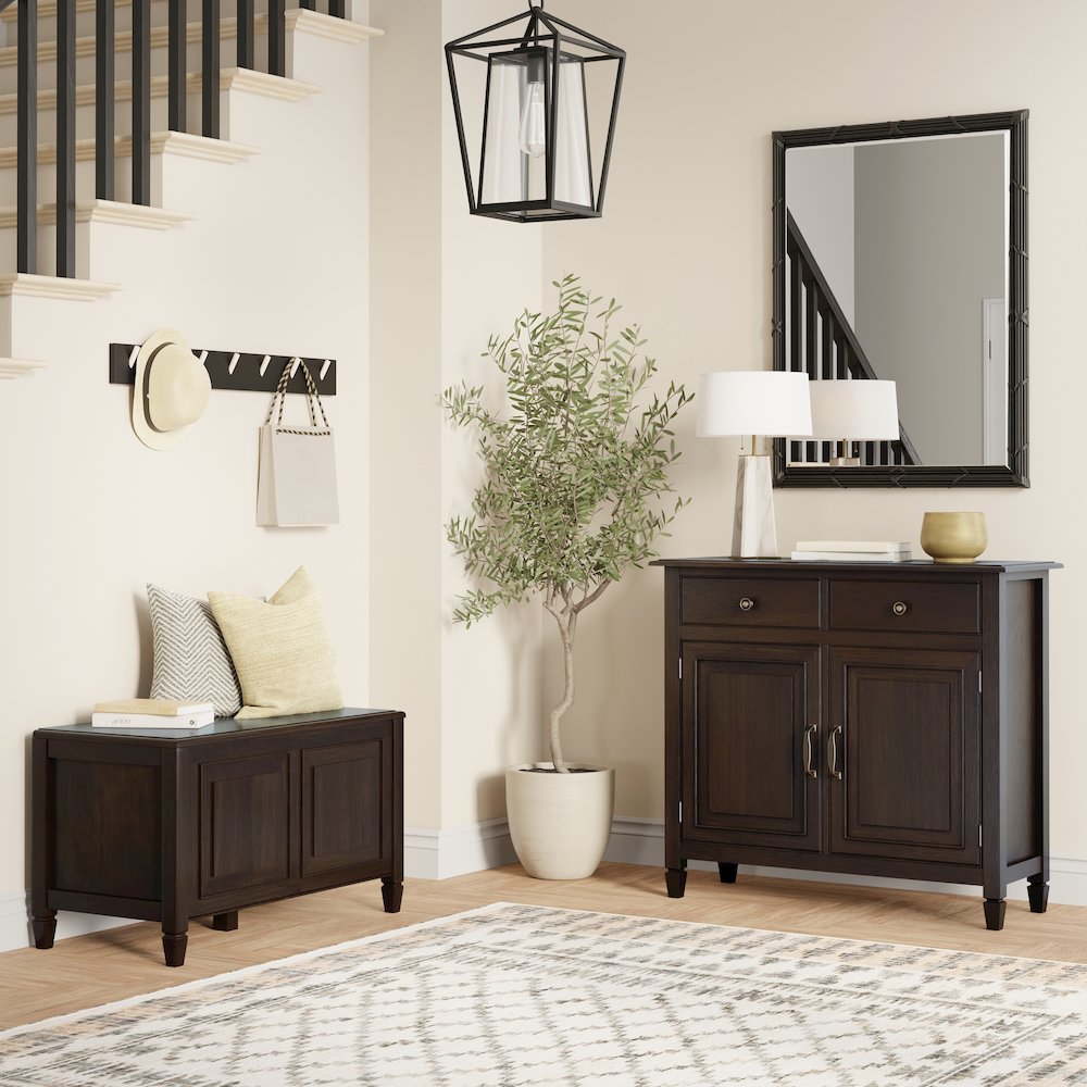 36"W Small Storage Bench Trunk and 40"W Storage Cabinet in Dark Chestnut Brown. Picture 6