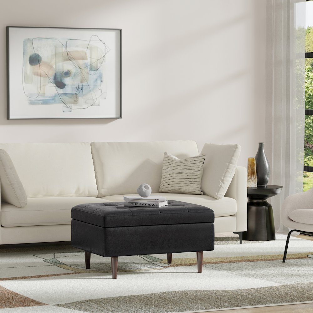 Small Coffee Table Storage Ottoman In Distressed Black Vegan Faux Leather. Picture 5