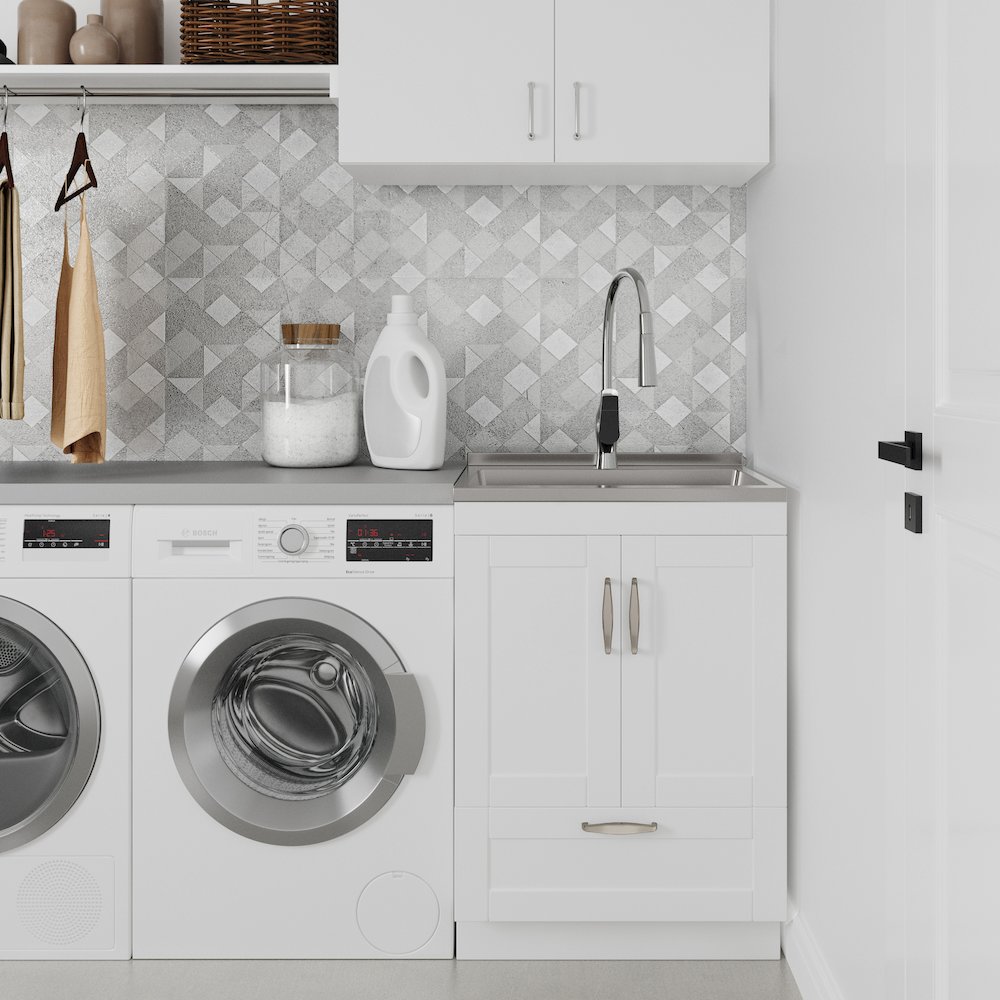 24 Inch Laundry Cabinet With Pull-Out Faucet And Stainless Steel Sink In White. Picture 5