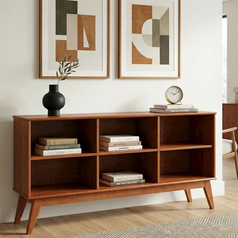 Draper 76 inch Wide Solid Wood Mid Century 6 Shelf Low Bookcase in Teak Brown. Picture 2