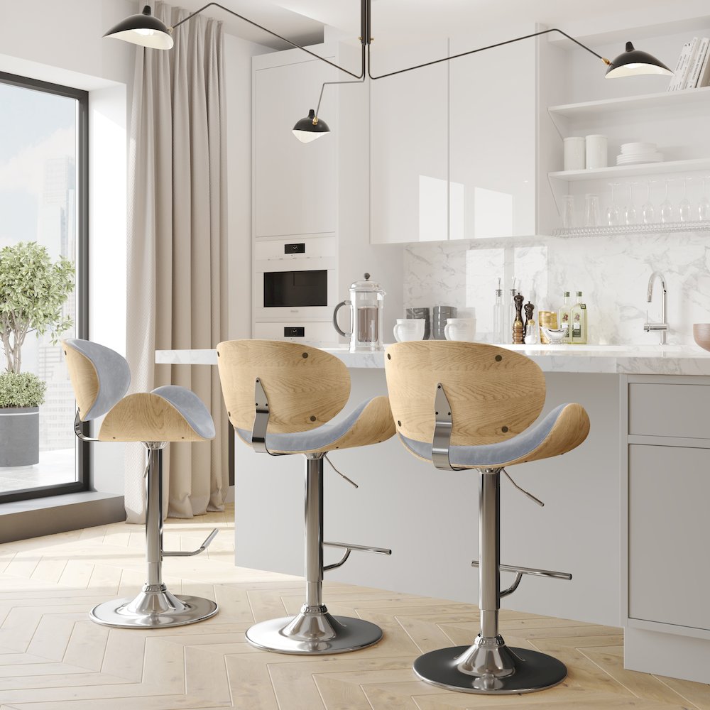 Marana Bentwood Adjustable Swivel Bar Stool In Stone Grey Vegan Faux Leather. Picture 5