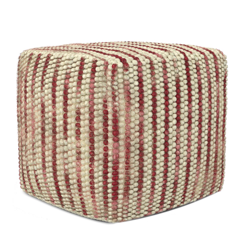 Zoey Woven Cube Pouf In Maroon Cotton And Wool. Picture 1