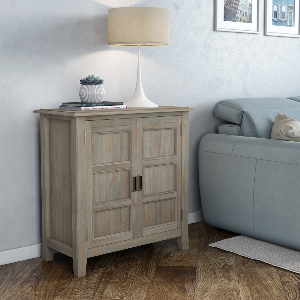 Burlington Solid Wood Low Storage Cabinet In Distressed Grey. Picture 5