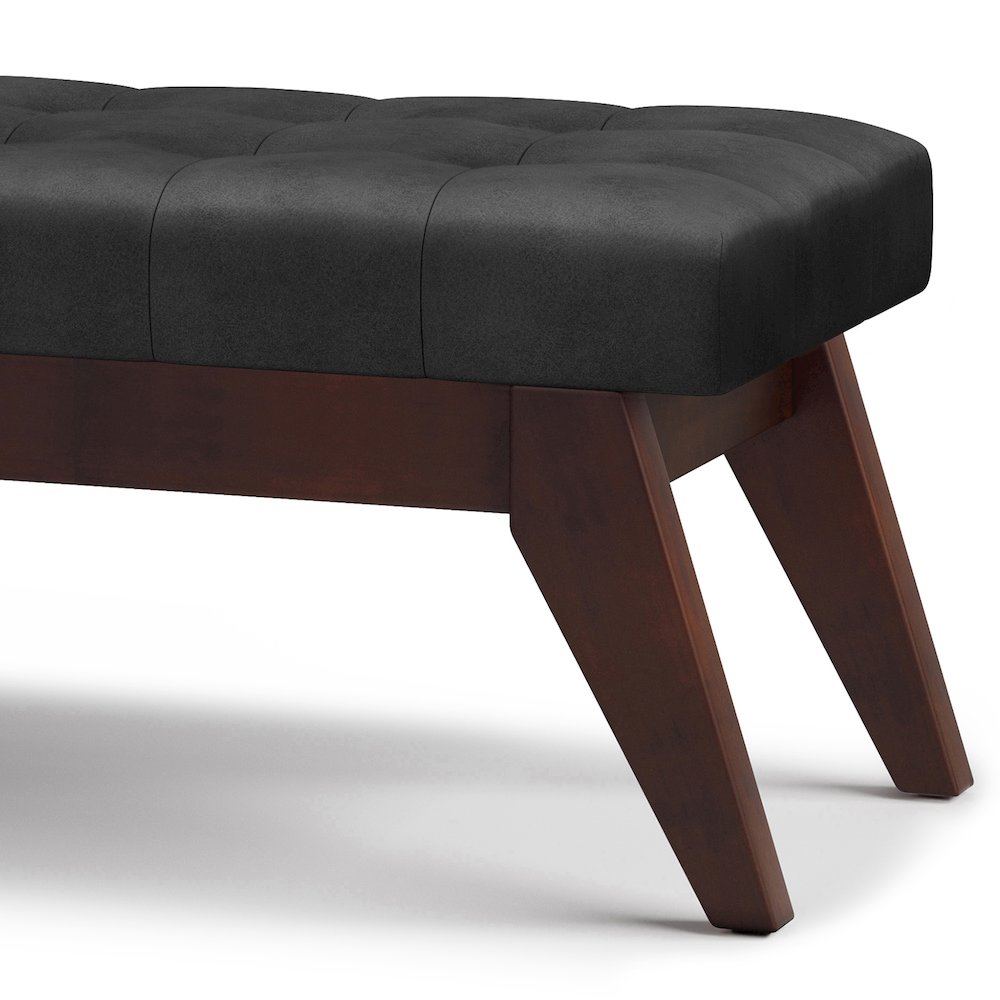 Draper Solid Wood Mid Century Tufted Ottoman Bench In Distressed Black. Picture 4