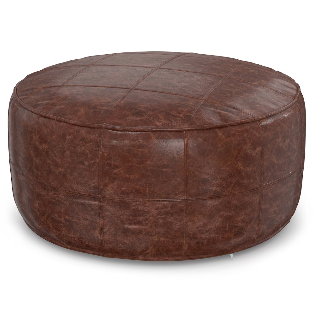 Connor 34 Inch Round Coffee Table Pouf In Distressed Brown Genuine Leather. Picture 1